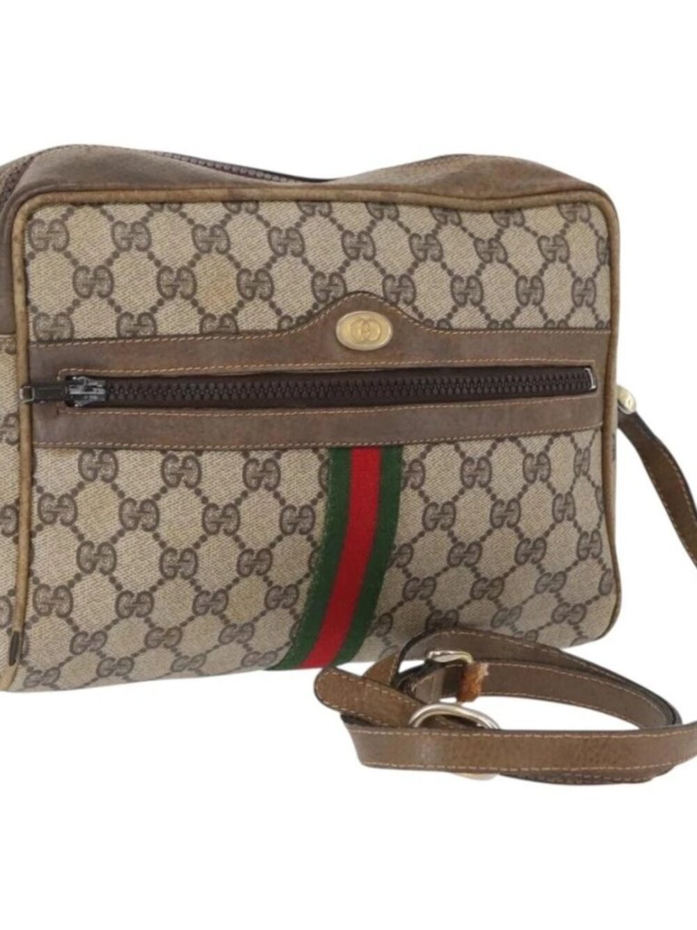 GUCCI GG Supreme Web Sherry Line Shoulder Bag PVC Beige Gold Red Auth ka1433